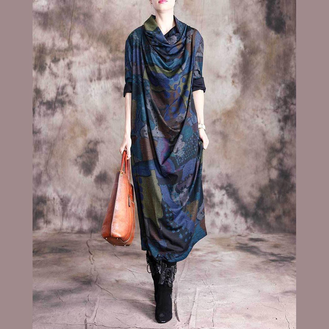 Simple high neck cotton fall clothes Neckline blue prints Dress - Omychic