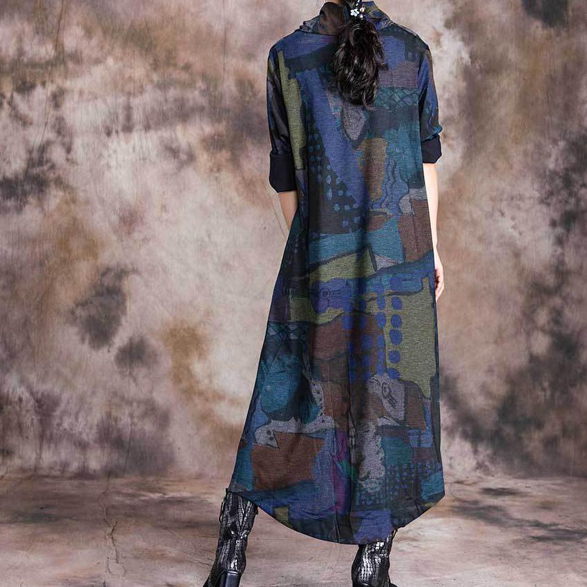 Simple high neck cotton fall clothes Neckline blue prints Dress - Omychic