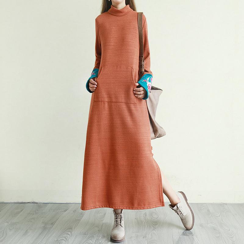 Simple high neck cotton patchwork sleeve Tunics Tutorials orange Vestidos De Lino Dresses - Omychic