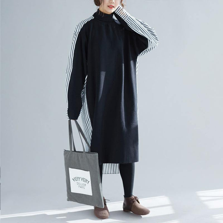 Simple high neck patchwork cotton Tunics Drops Design Runway black long Dress spring - Omychic