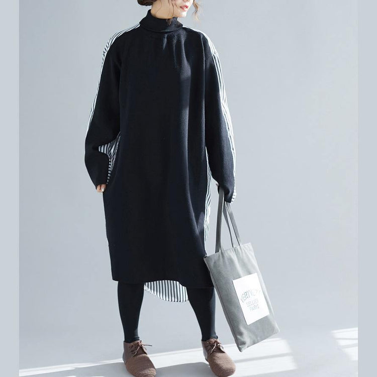Simple high neck patchwork cotton Tunics Drops Design Runway black long Dress spring - Omychic