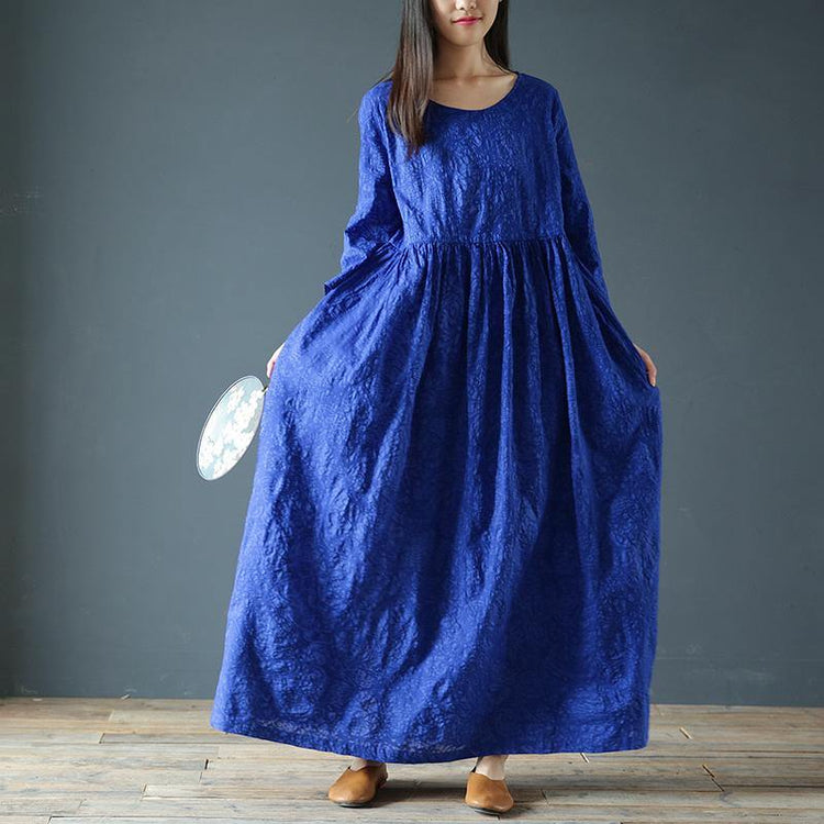 Simple high waist cotton linen Soft Surroundings pattern blue Dresses summer - Omychic