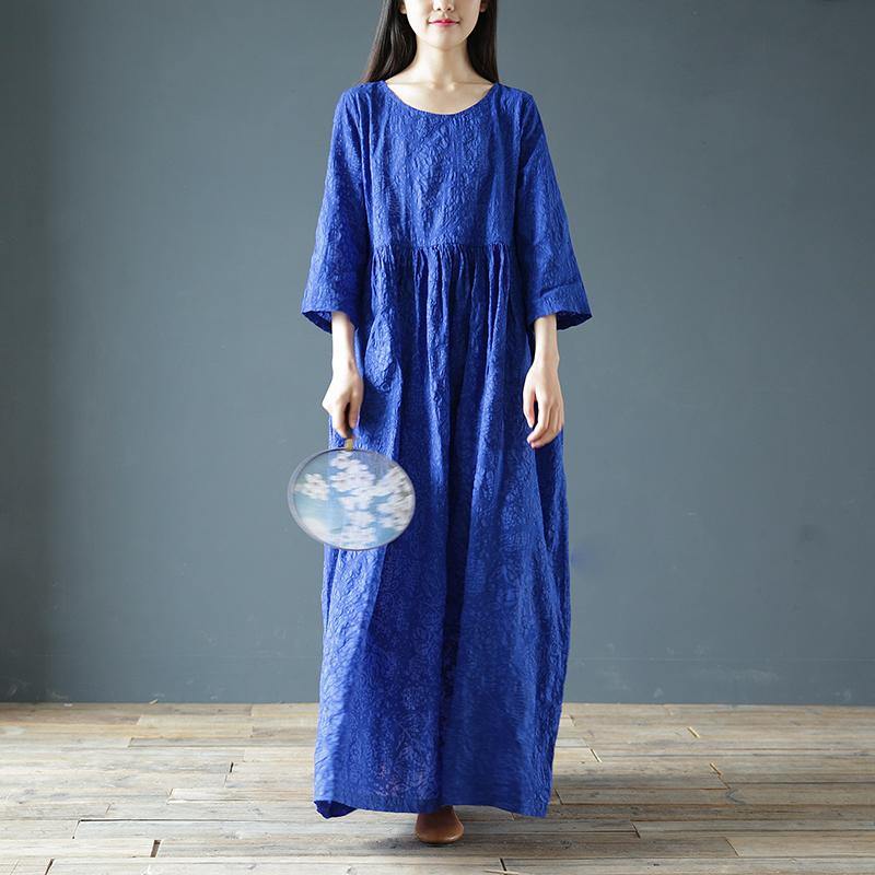 Simple high waist cotton linen Soft Surroundings pattern blue Dresses summer - Omychic