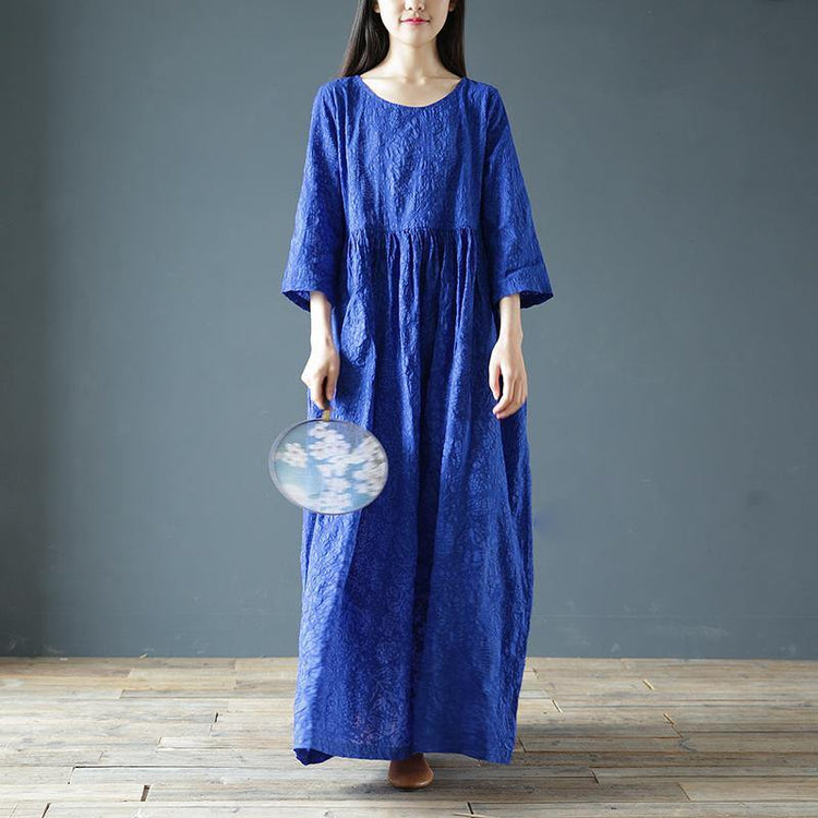 Simple high waist cotton linen Soft Surroundings pattern blue Dresses summer - Omychic