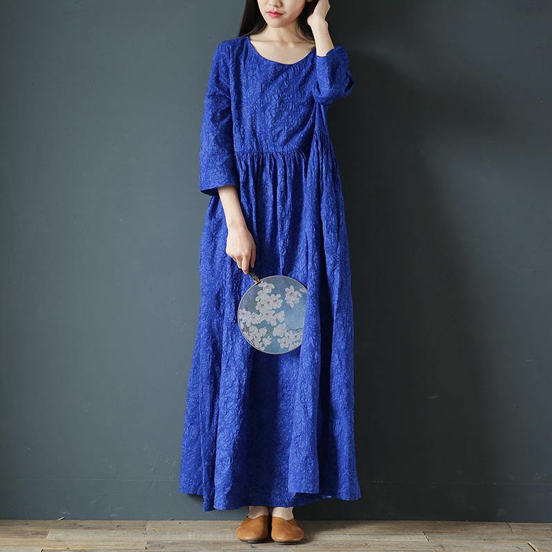 Simple high waist cotton linen Soft Surroundings pattern blue Dresses summer - Omychic