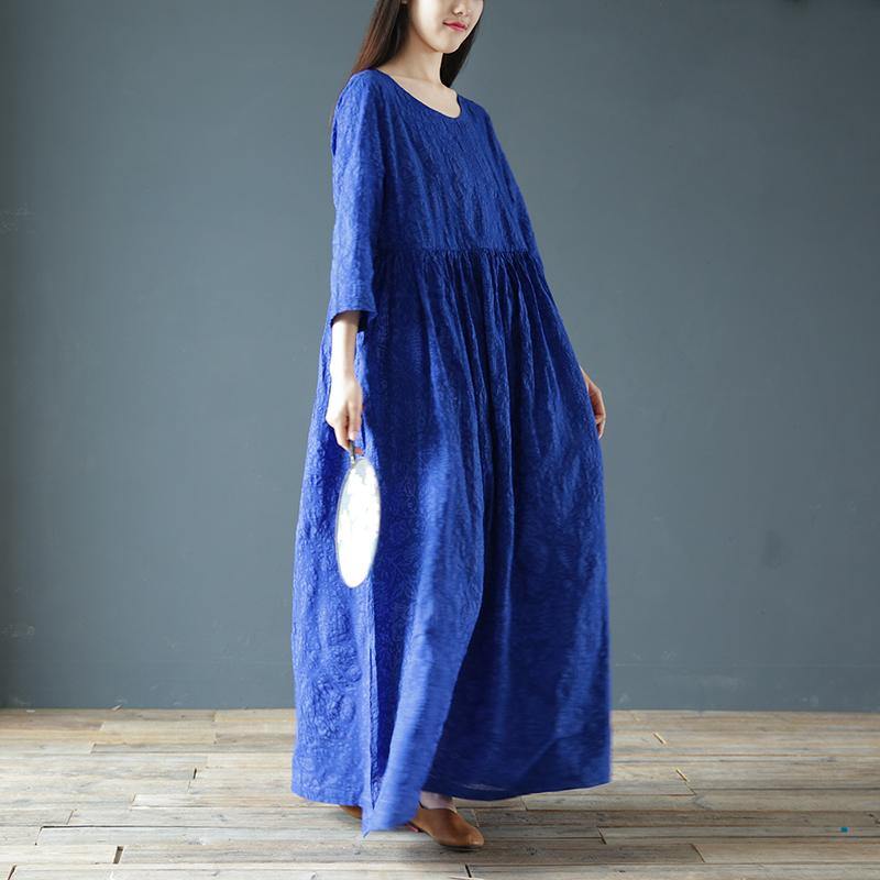 Simple high waist cotton linen Soft Surroundings pattern blue Dresses summer - Omychic