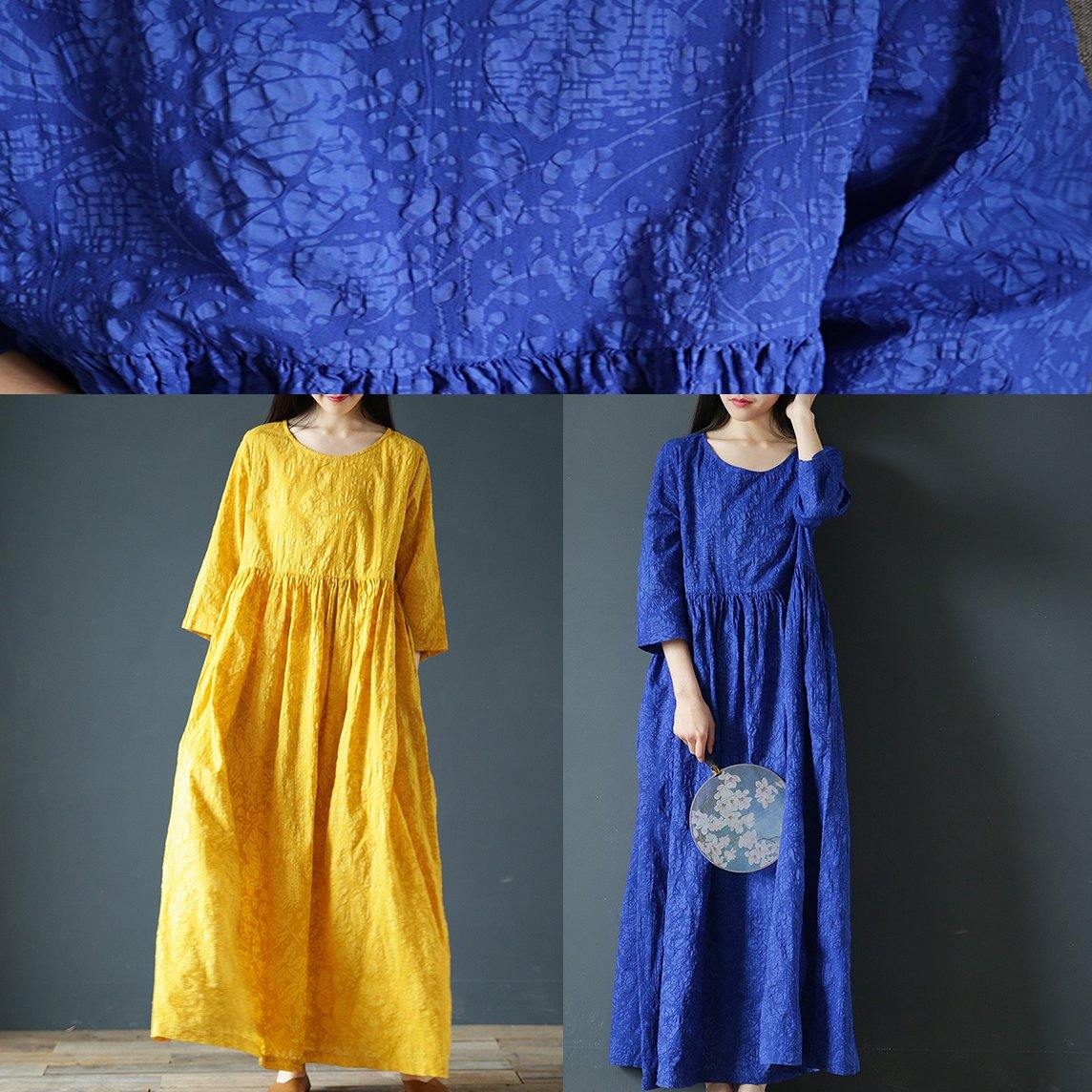 Simple high waist cotton linen Soft Surroundings pattern blue Dresses summer - Omychic