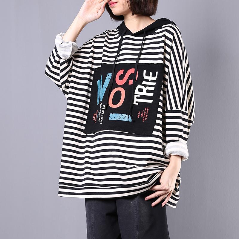 Simple hooded cotton clothes For Women Work black white striped prints blouse fall - Omychic