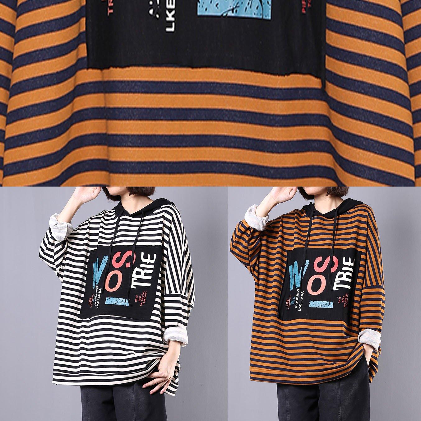 Simple hooded cotton clothes For Women Work black white striped prints blouse fall - Omychic