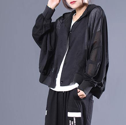 Simple Hooded Cotton Fall Clothes Work Black Blouses - Omychic