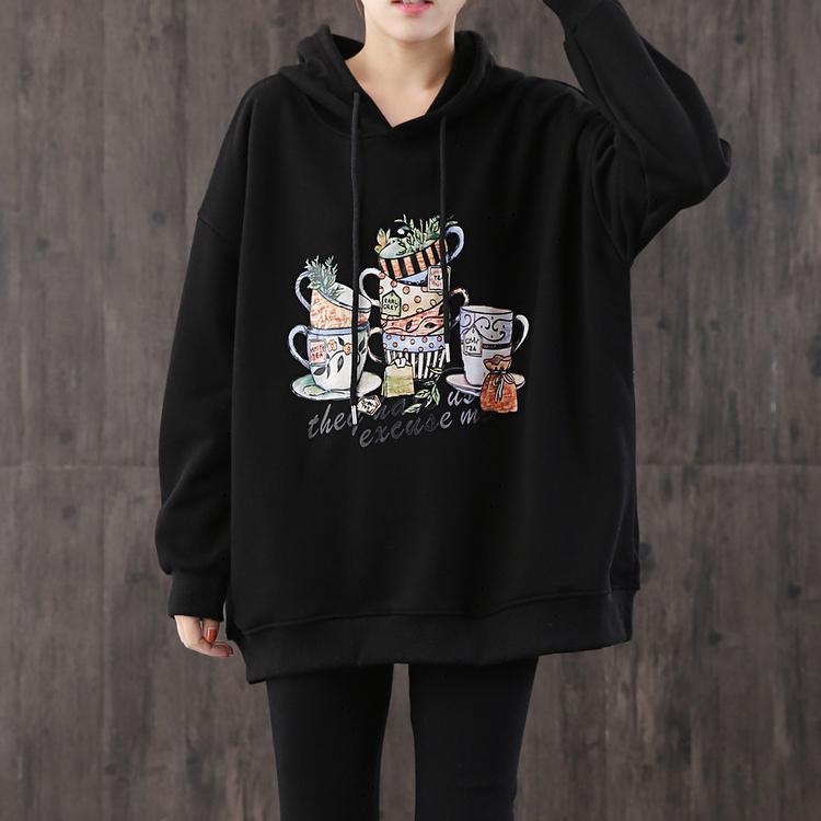Simple hooded drawstring cotton Blouse Sewing black print top - Omychic