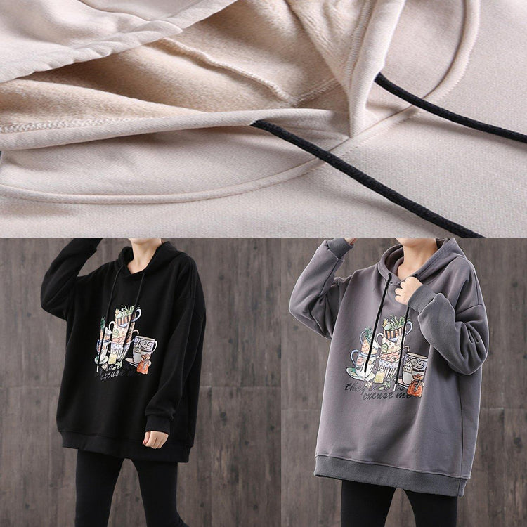 Simple hooded drawstring cotton Blouse Sewing black print top - Omychic