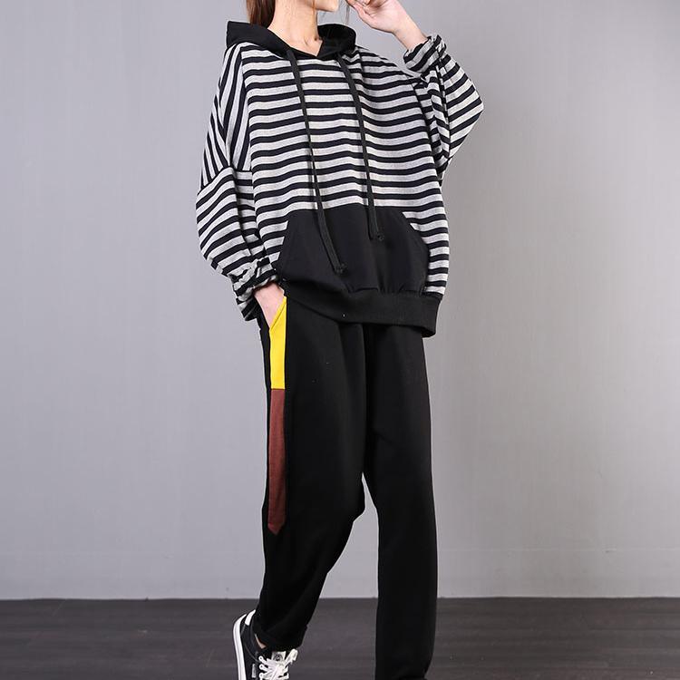 Simple hooded pockets cotton clothes For Women Work black striped blouse - Omychic