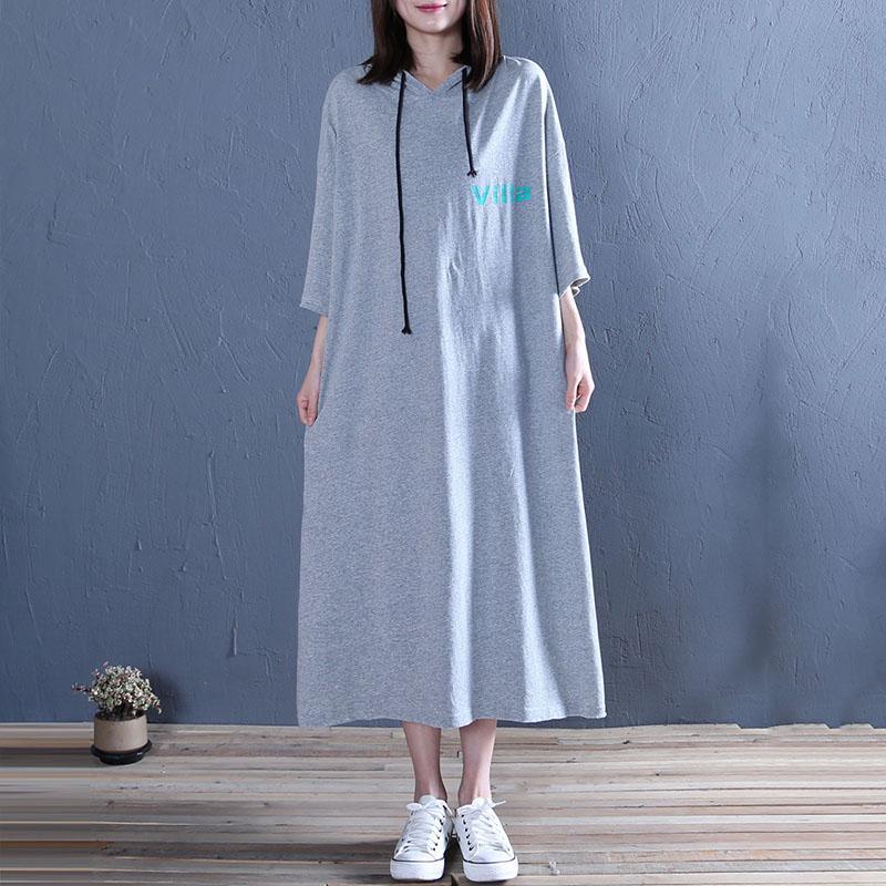Simple hooded side open cotton Tunics gray print Kaftan Dresses summer - Omychic