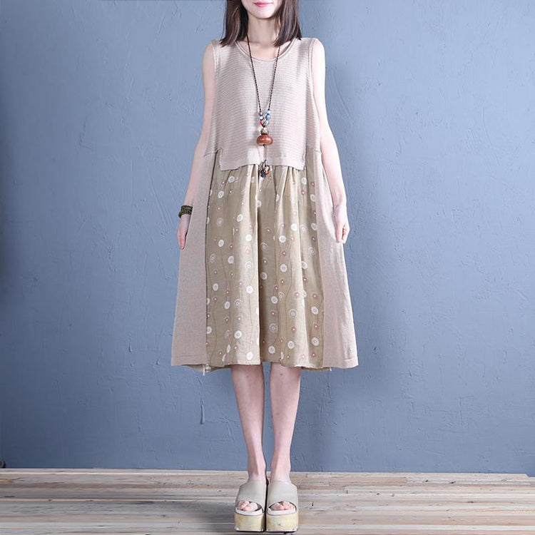 Simple khaki linen Long Shirts o neck patchwork Midi summer Dresses - Omychic