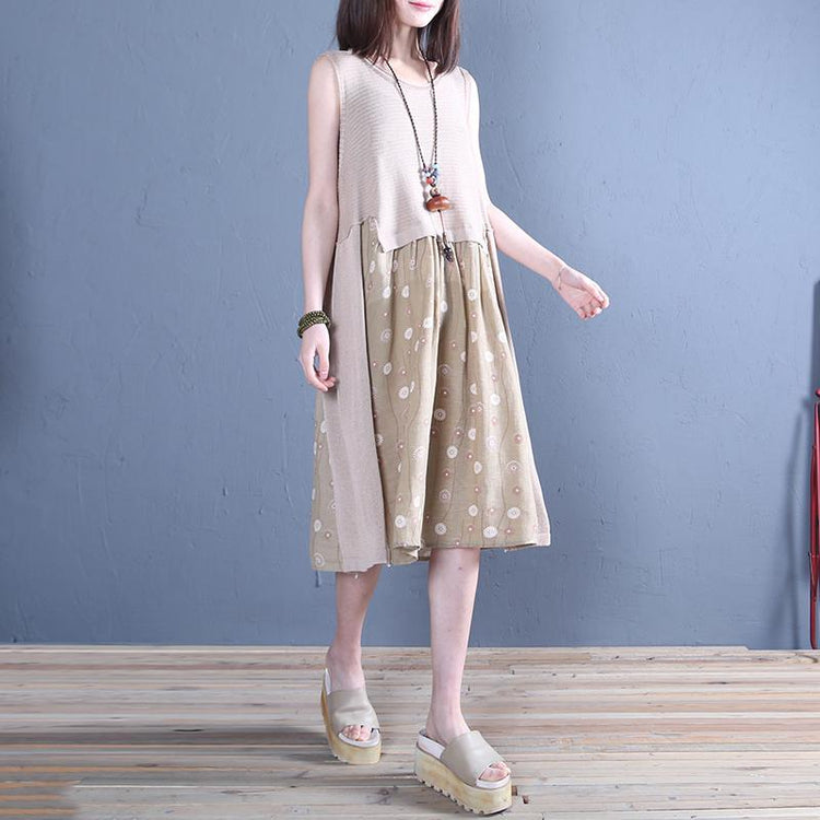 Simple khaki linen Long Shirts o neck patchwork Midi summer Dresses - Omychic