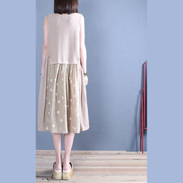 Simple khaki linen Long Shirts o neck patchwork Midi summer Dresses - Omychic