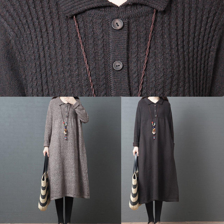 Simple lapel Button Sweater outfits chocolate Largo sweater dresses - Omychic