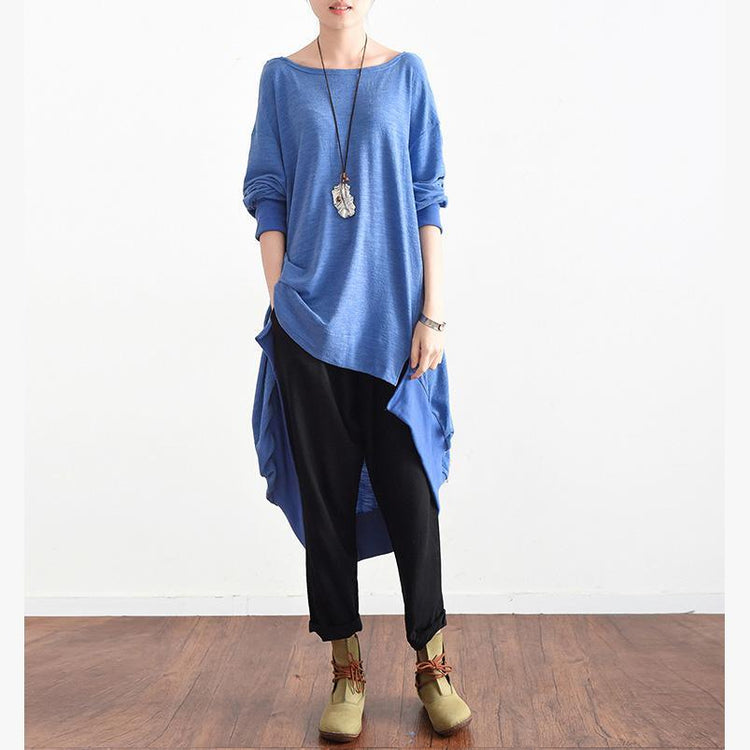 Simple light blue linen tops Korea Shirts o neck asymmetric daily tops - Omychic