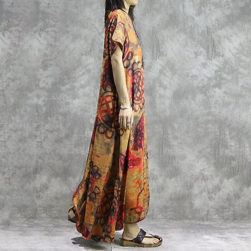 Simple linen Robes Plus Size Yellow Print V-Neck Loose Spliced Floral Irregular Dress - Omychic