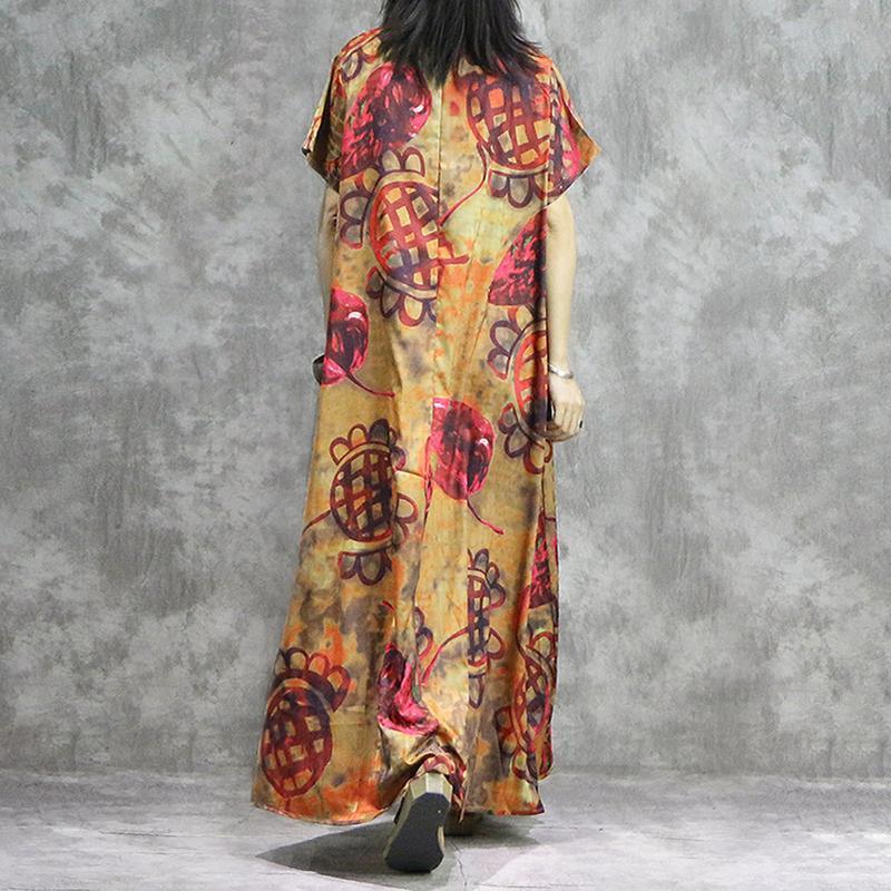 Simple linen Robes Plus Size Yellow Print V-Neck Loose Spliced Floral Irregular Dress - Omychic