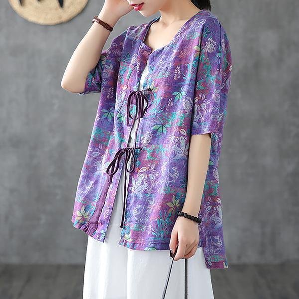 Simple linen clothes For Women plus size Summer Belt Vintage Floral Short Sleeve Shirt - Omychic