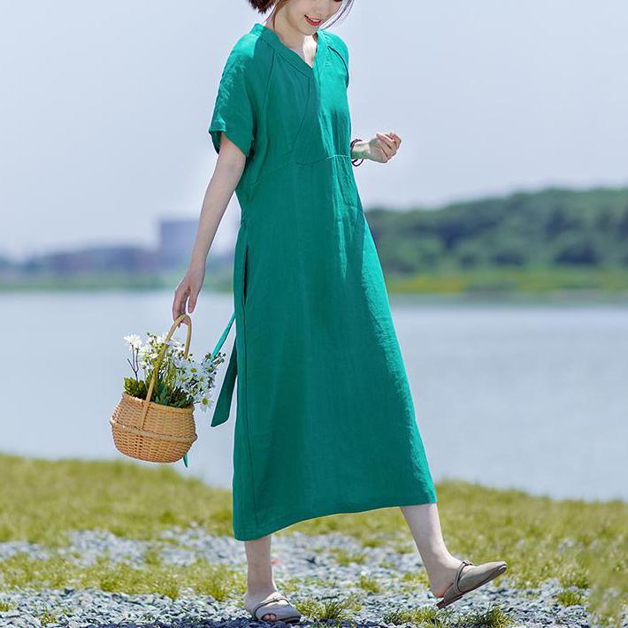 Simple linen cotton clothes For Women Soft Surroundings V-Neck Lacing Solid Color Casual Dress - Omychic