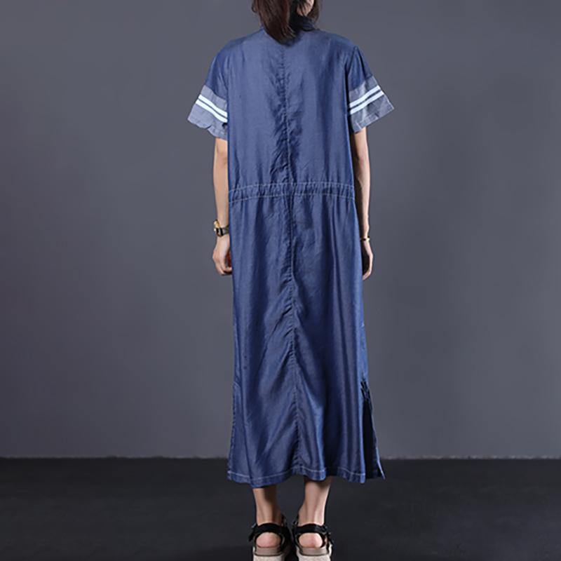 Simple linen tunic top Casual Stripes And Split Hem Loose Denim Dress - Omychic