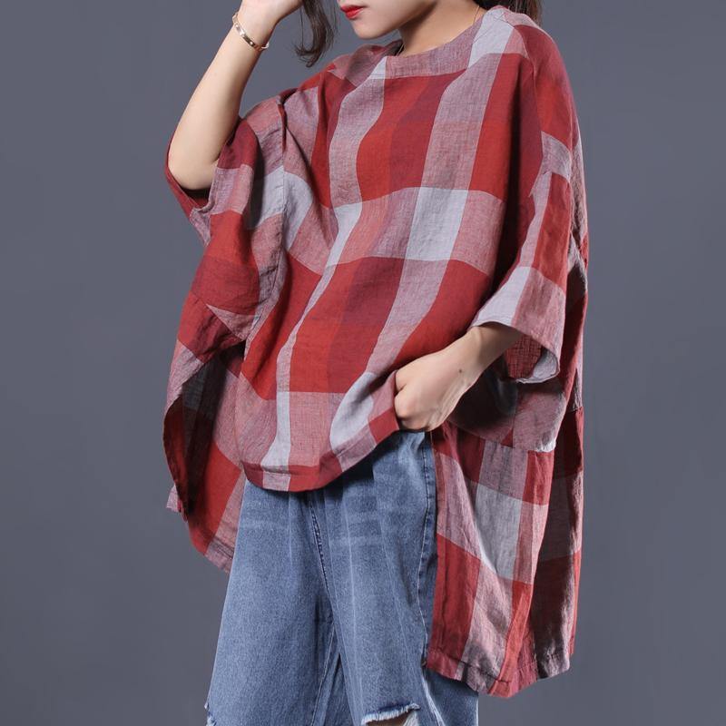 Simple linen tunics for women Women Plaid High Low Hem Batwing Sleeve Blouse - Omychic