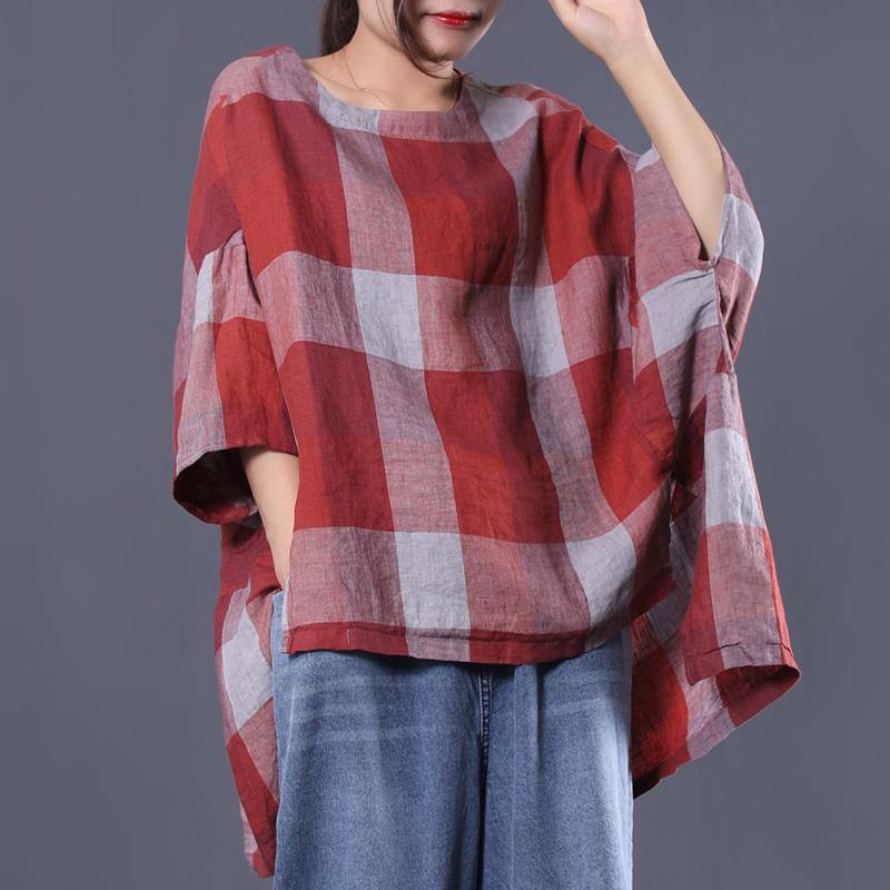 Simple linen tunics for women Women Plaid High Low Hem Batwing Sleeve Blouse - Omychic