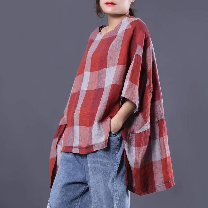 Simple linen tunics for women Women Plaid High Low Hem Batwing Sleeve Blouse - Omychic