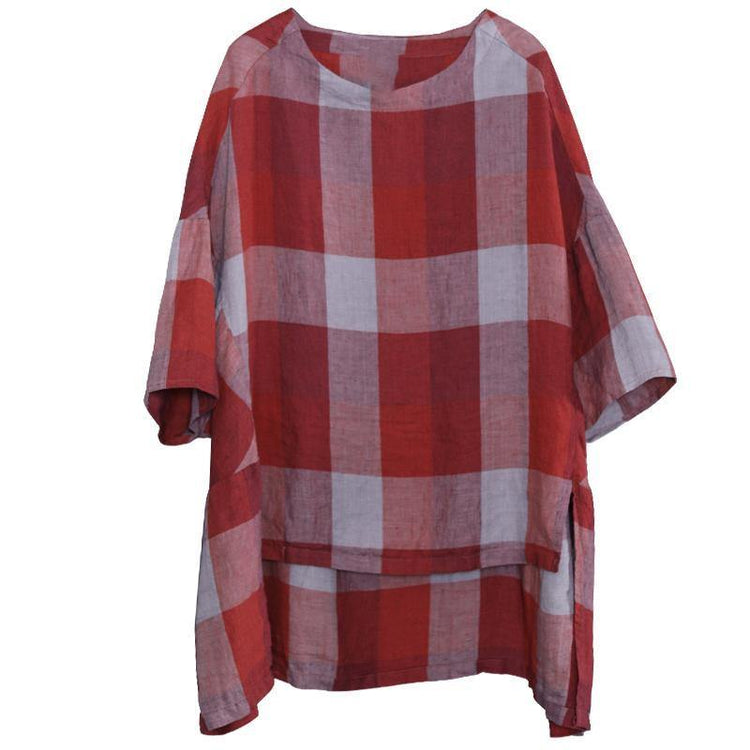 Simple linen tunics for women Women Plaid High Low Hem Batwing Sleeve Blouse - Omychic