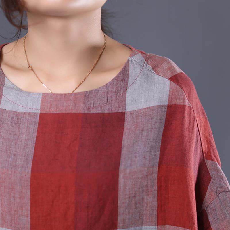 Simple linen tunics for women Women Plaid High Low Hem Batwing Sleeve Blouse - Omychic