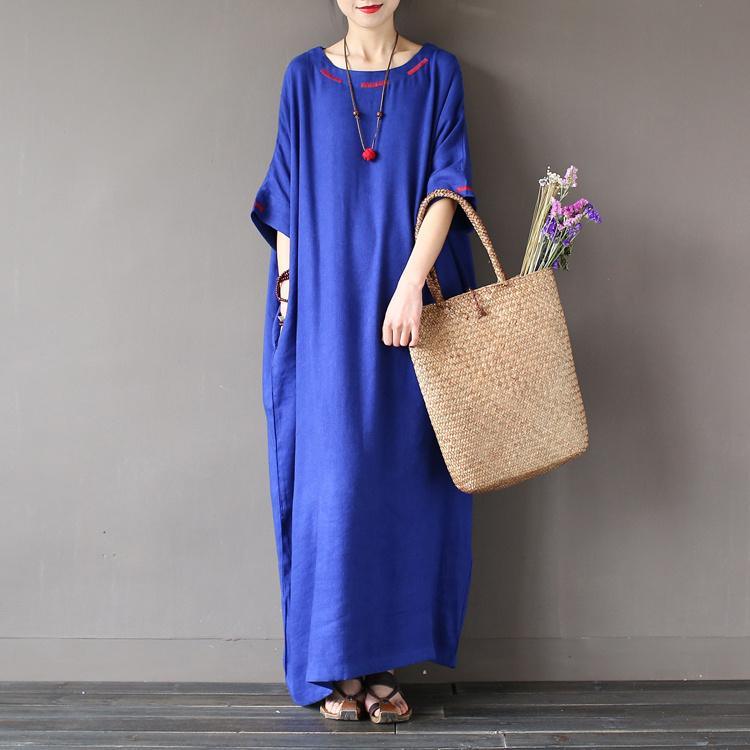 Simple loose waist linen summer dress Fabrics blue Dress - Omychic