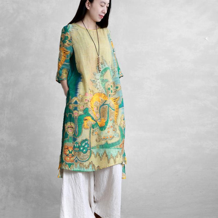 Simple low high design linen dresses Catwalk green prints Dresses summer - Omychic