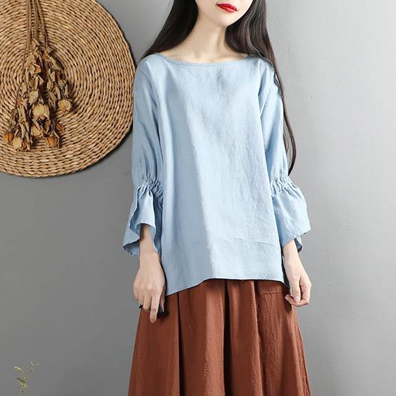 Simple low high design linen wrinkled o neck Long Shirts light blue shirts - Omychic