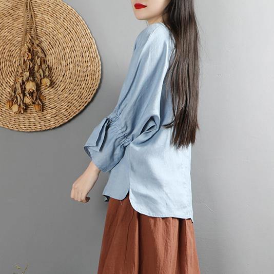 Simple low high design linen wrinkled o neck Long Shirts light blue shirts - Omychic