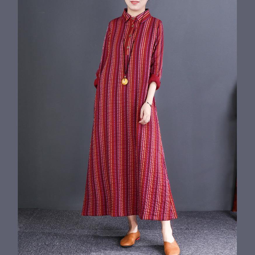 Simple navy striped cotton linen quilting dresses Pakistani linen lapel Vestidos De Lino Dress - Omychic