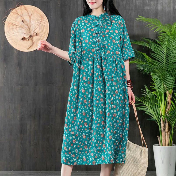 Simple O Neck Cotton Long Shirts Inspiration Blue Floral Dress Summer ( Limited Stock) - Omychic