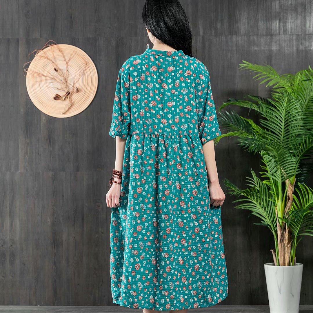Simple O Neck Cotton Long Shirts Inspiration Blue Floral Dress Summer ( Limited Stock) - Omychic