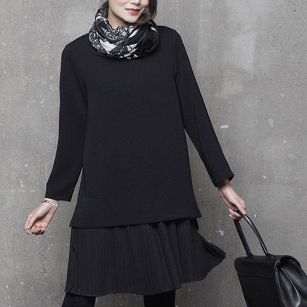 Simple o neck Cotton false two pieces tunics for women design black Dress - Omychic