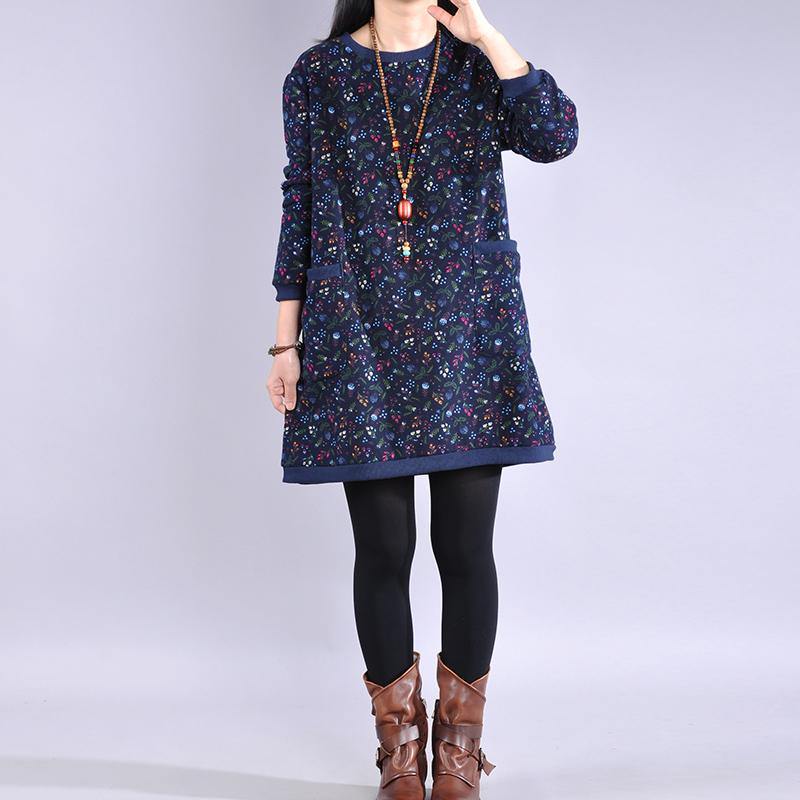 Simple o neck Cotton winter quilting dresses design navy floral Dresses - Omychic