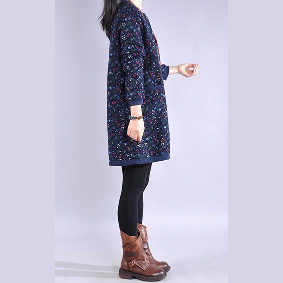 Simple o neck Cotton winter quilting dresses design navy floral Dresses - Omychic