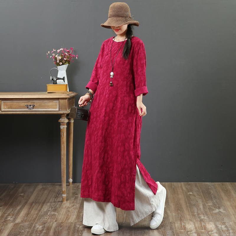 Simple o neck Jacquard linen cotton clothes For Women Outfits burgundy Dresses summer - Omychic