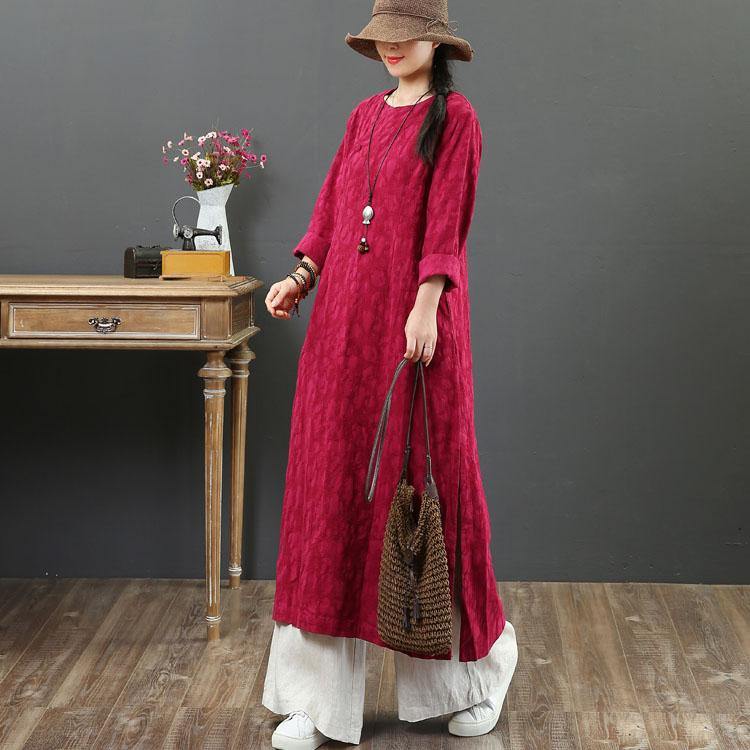 Simple o neck Jacquard linen cotton clothes For Women Outfits burgundy Dresses summer - Omychic