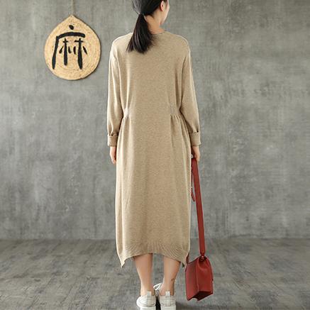 Simple o neck asymmetric cotton clothes For Women Tunic Tops khaki Maxi Dress - Omychic