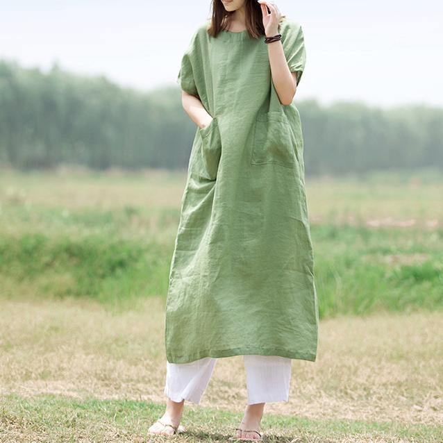 Simple O Neck Big Pockets Linen Clothes For Women Photography Green Dress Summer ( Limited Stock) - Omychic