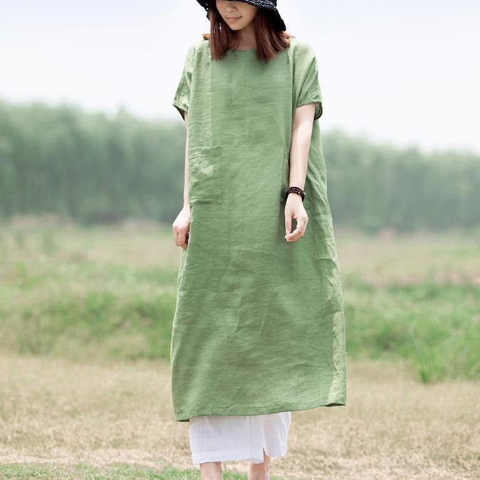 Simple O Neck Big Pockets Linen Clothes For Women Photography Green Dress Summer ( Limited Stock) - Omychic