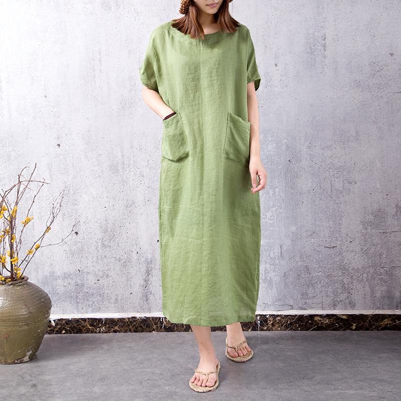 Simple O Neck Big Pockets Linen Clothes For Women Photography Green Dress Summer ( Limited Stock) - Omychic