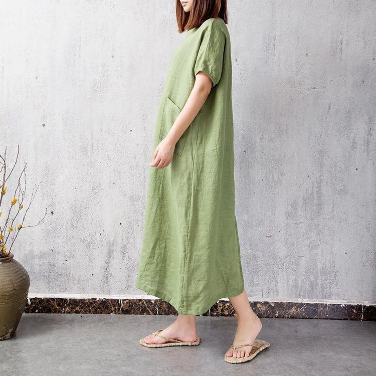 Simple O Neck Big Pockets Linen Clothes For Women Photography Green Dress Summer ( Limited Stock) - Omychic